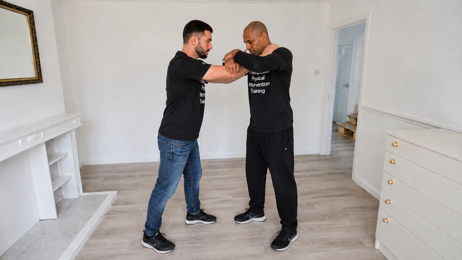 Therapeutic physical intervention training session — controlled, supportive technique.