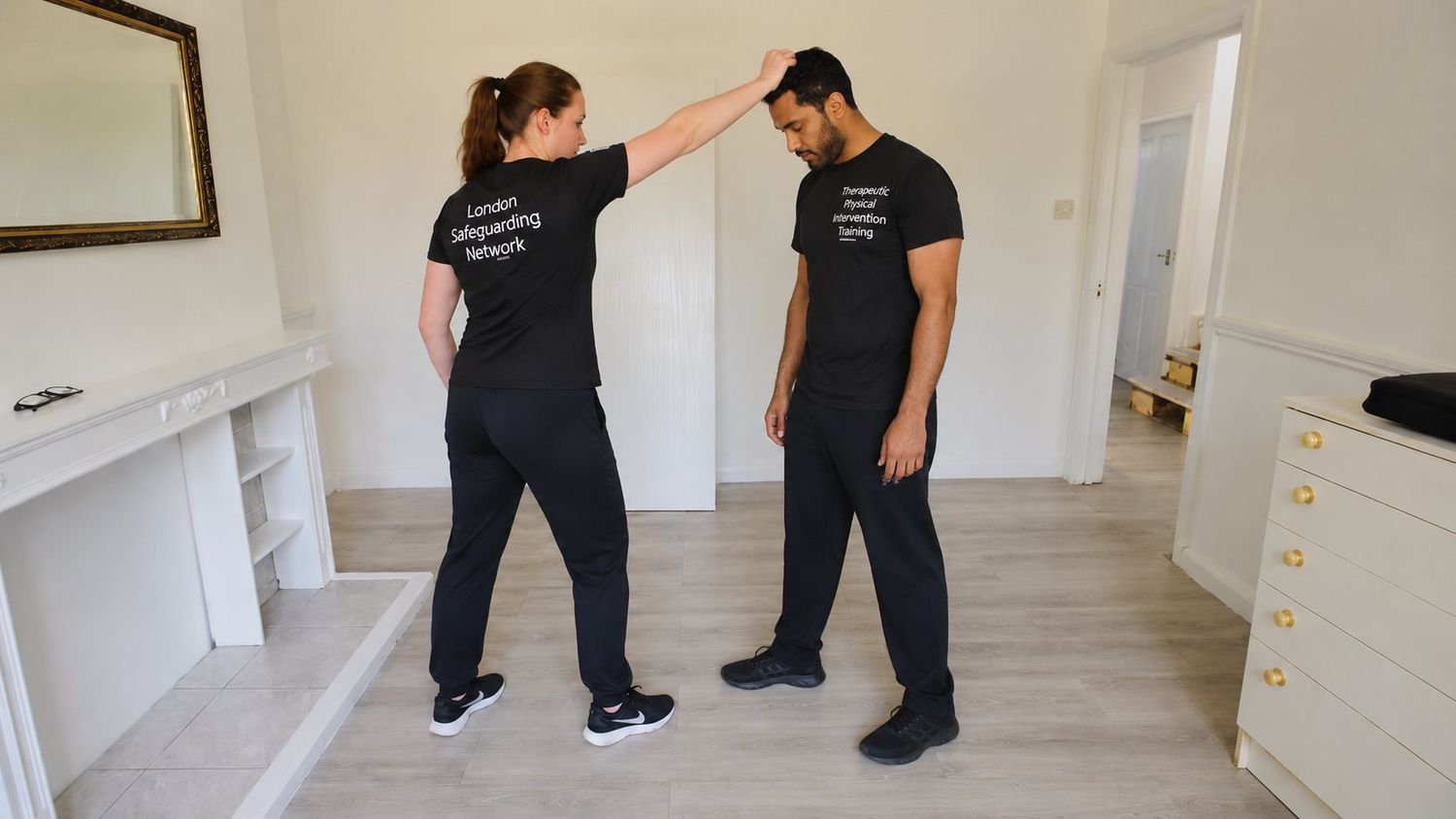 Therapeutic physical intervention training session — controlled, supportive technique.
