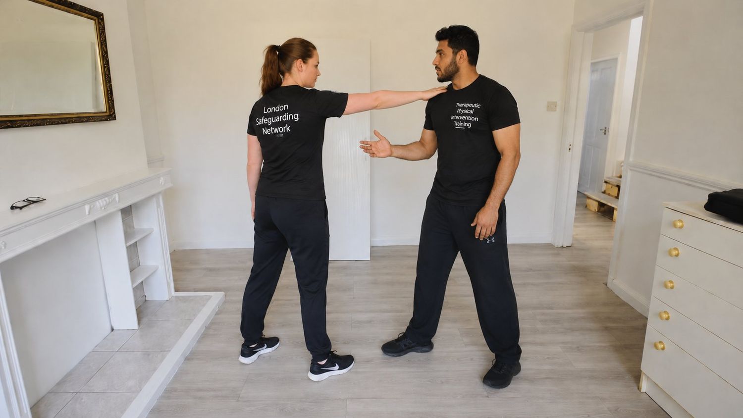 Maintaining a safe, supportive distance as part of de-escalation practice.