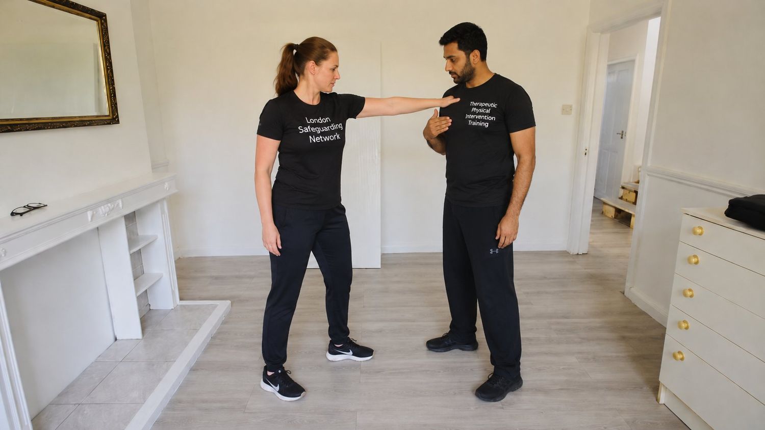 Supportive hand-on-shoulder guide demonstrated calmly during training.