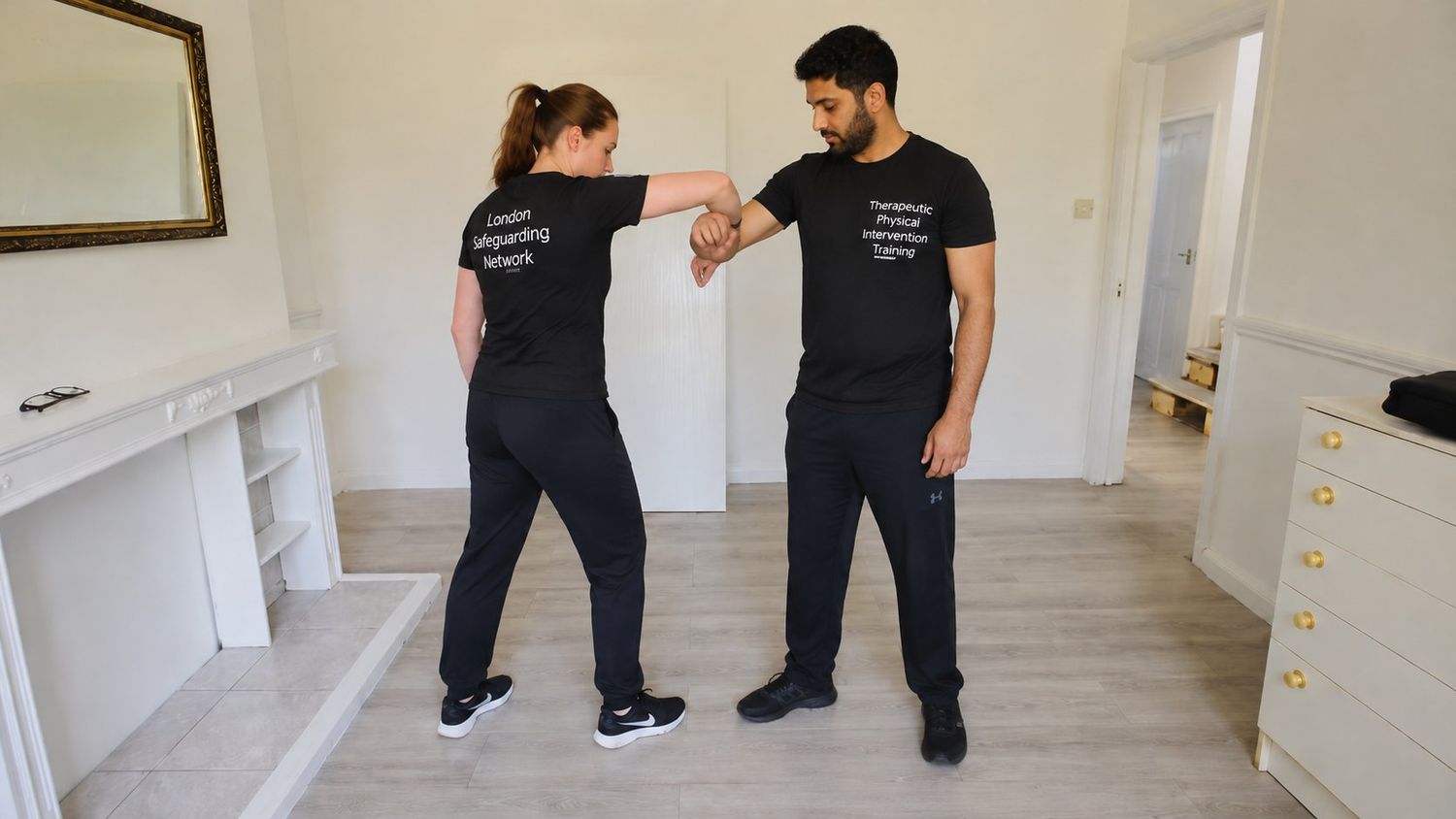 Safe forearm guiding technique demonstrated in a training session.