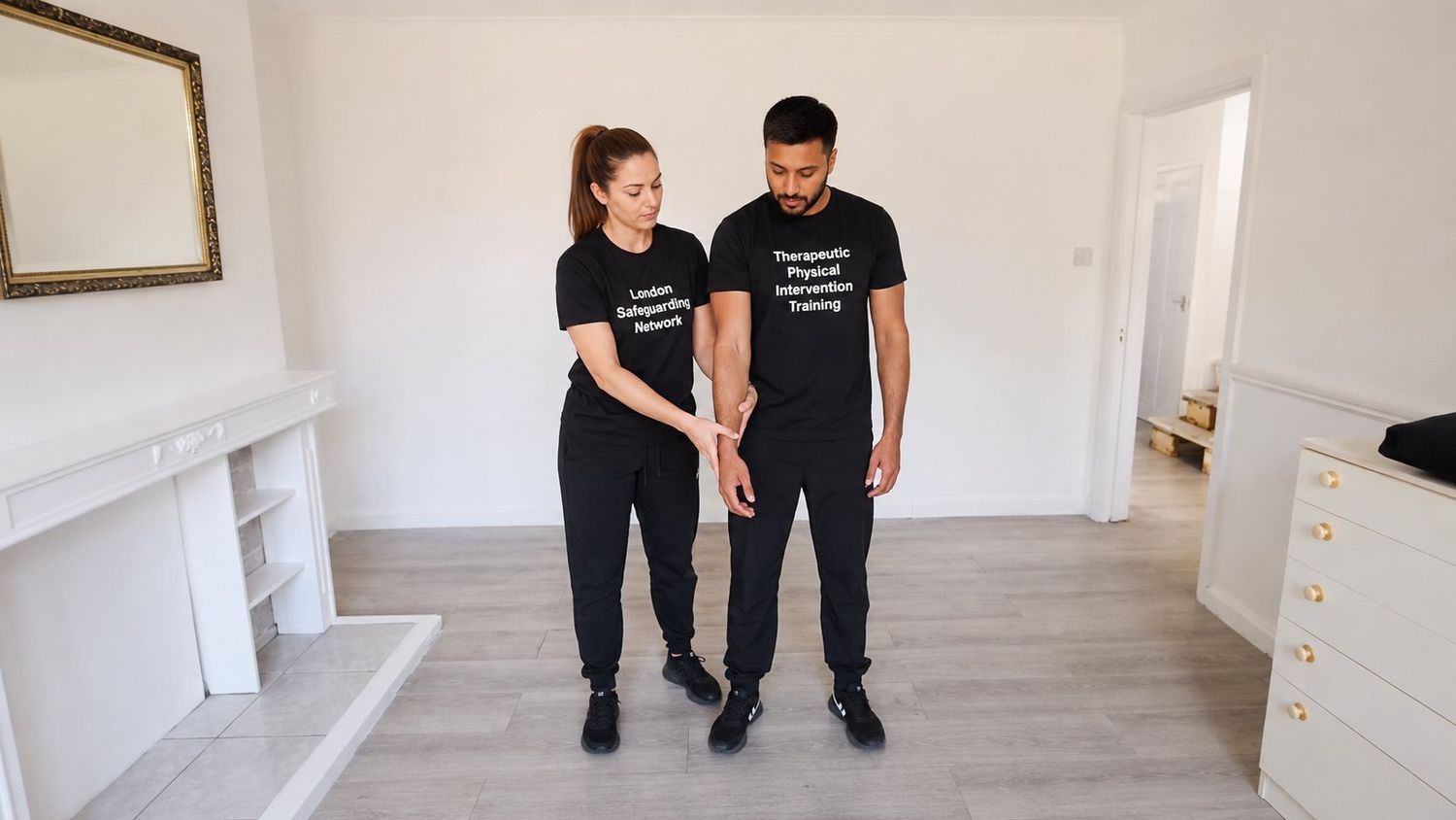 Controlled wrist hold practised in a calm, supportive way.