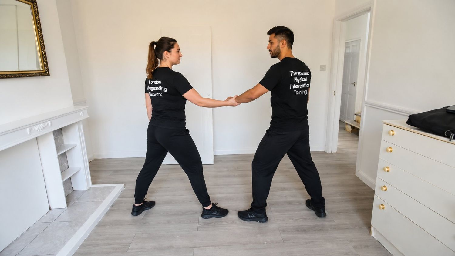 Therapeutic physical intervention training session — controlled, supportive technique.