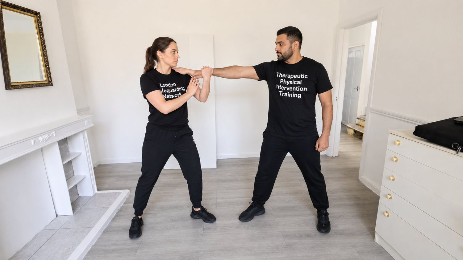 Therapeutic physical intervention training session — controlled, supportive technique.