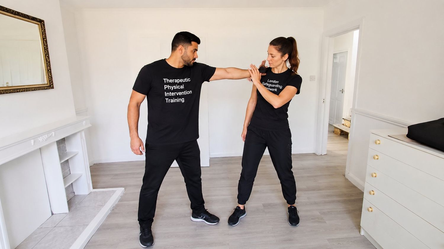 Therapeutic physical intervention training session — controlled, supportive technique.