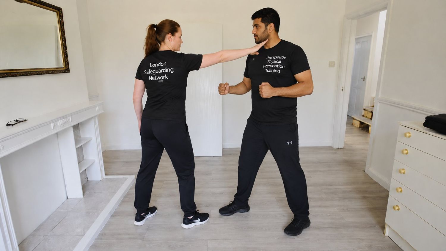 Therapeutic physical intervention training session — controlled, supportive technique.